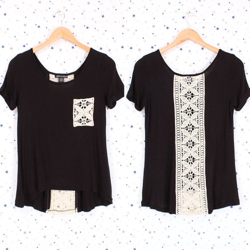 Short Sleeve Crochet Lace Detail Tee Black